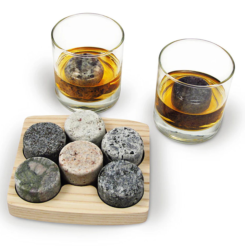 On The Rocks Granite Whiskey Chilling Stones with Hardwood Tray and Tumblers by Sea Stones Inc