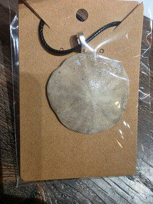 Sand dollar necklace black cord by Tonya Arnold