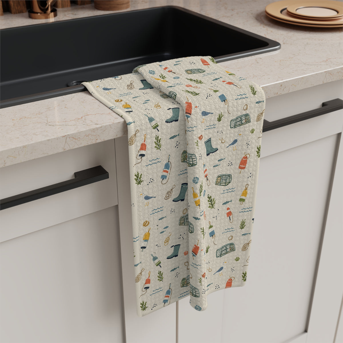 Coastal Harbor Tea Towel — Maine Dockside Kitchen Microfiber by Maine Pottery Co.