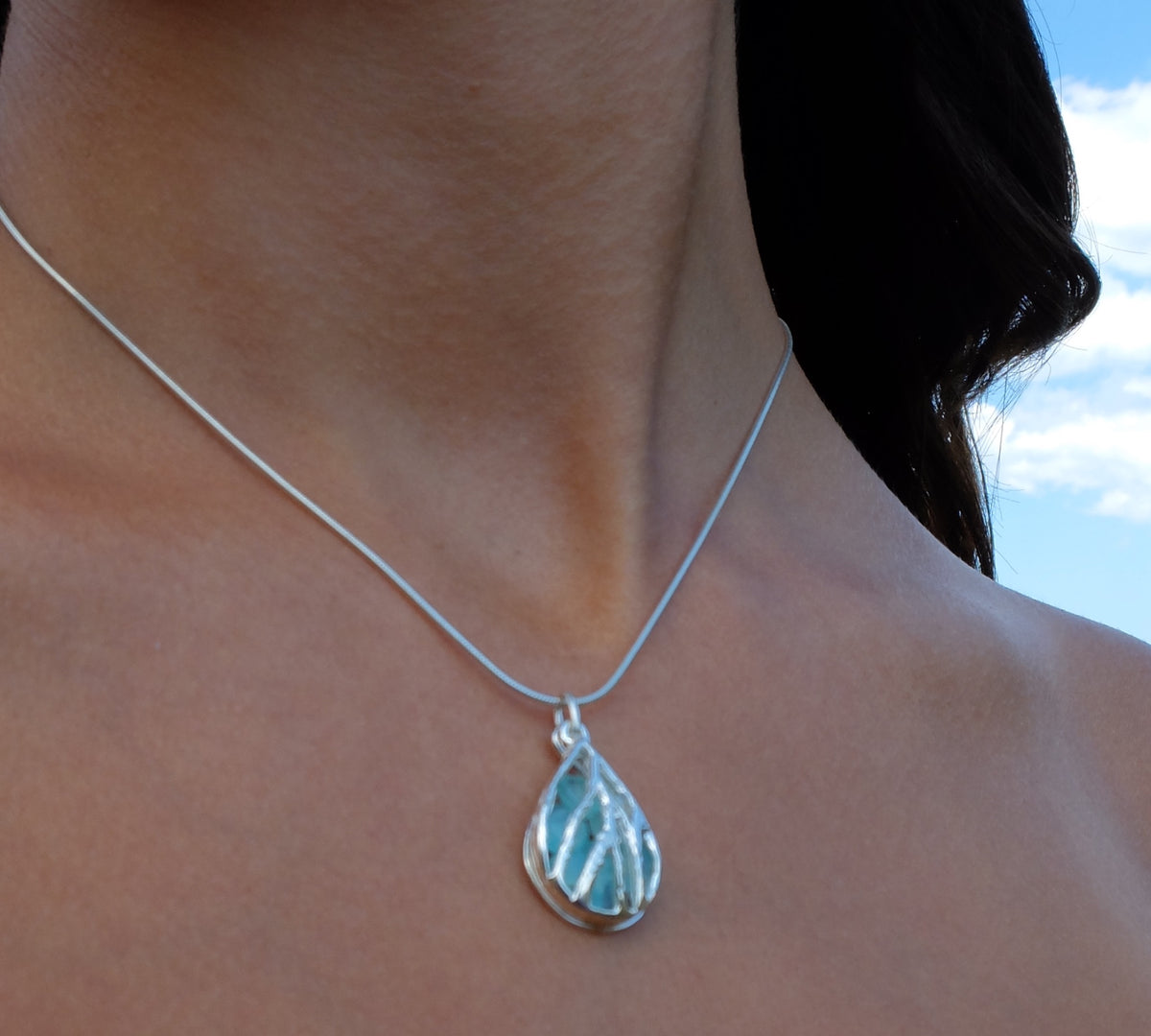 Coral Teardrop and Aqua Chalcedony Necklace by Betsy Frost Design