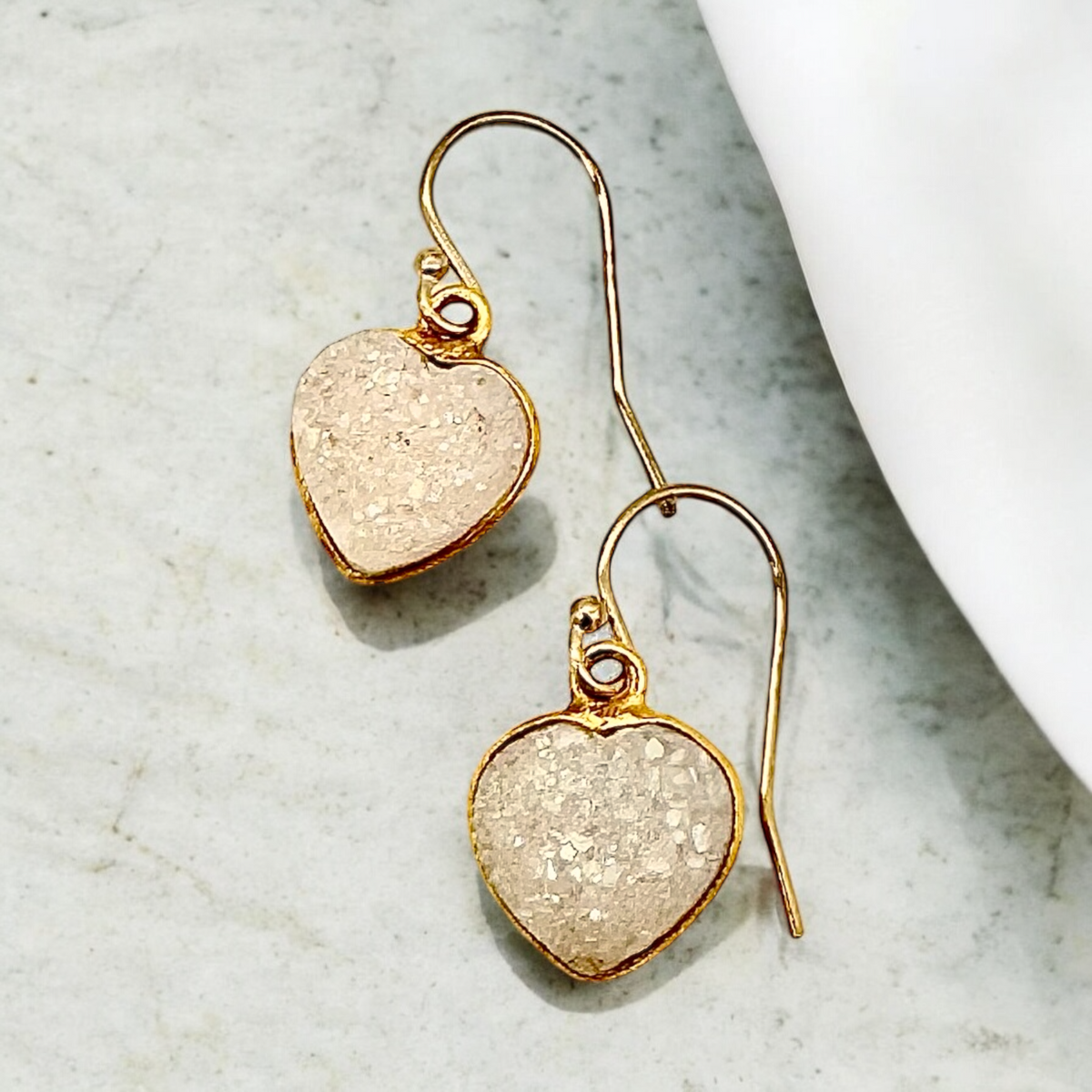 White Druzy Heart Earrings by Nance Trueworthy