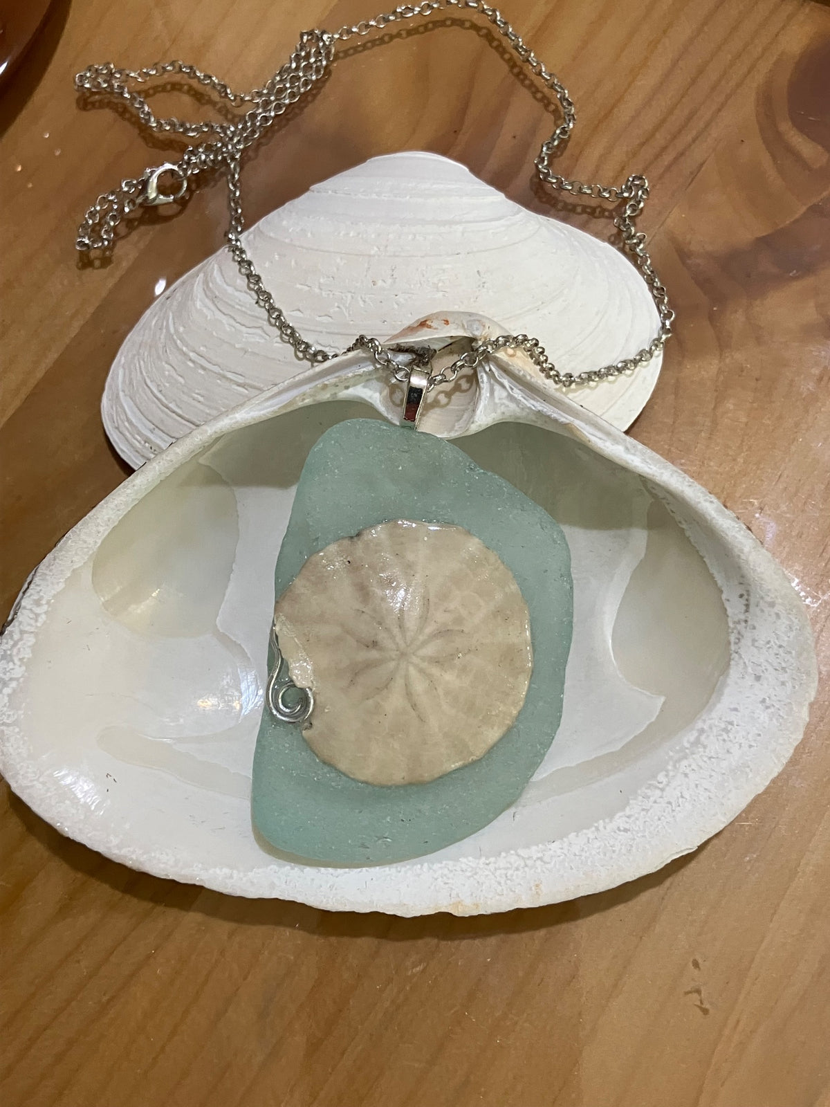 Necklace seaglass w/sand dollar by Tonya Arnold