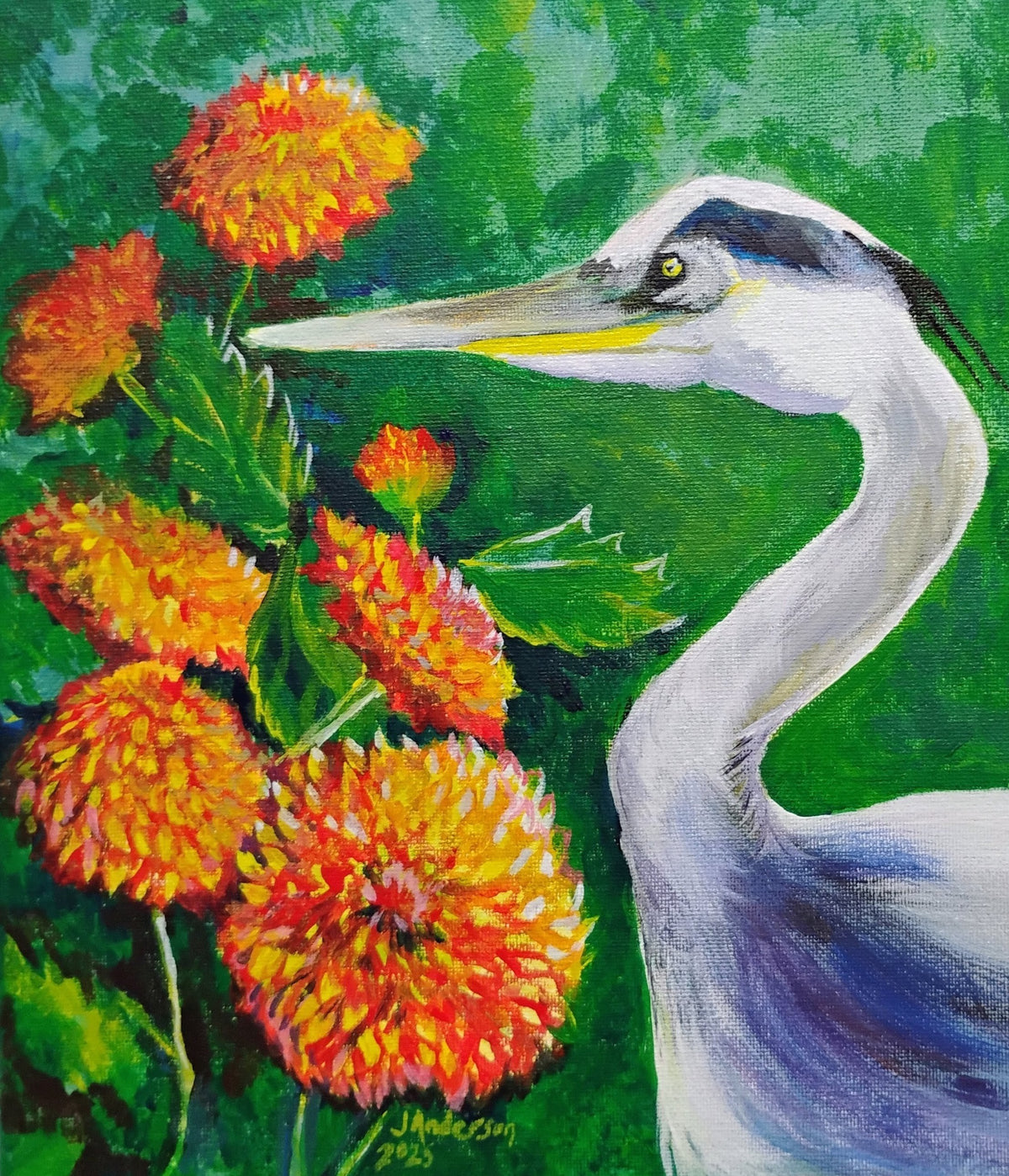 Dahlia and Great Blue HeronAC by Joyce Maura Anderson