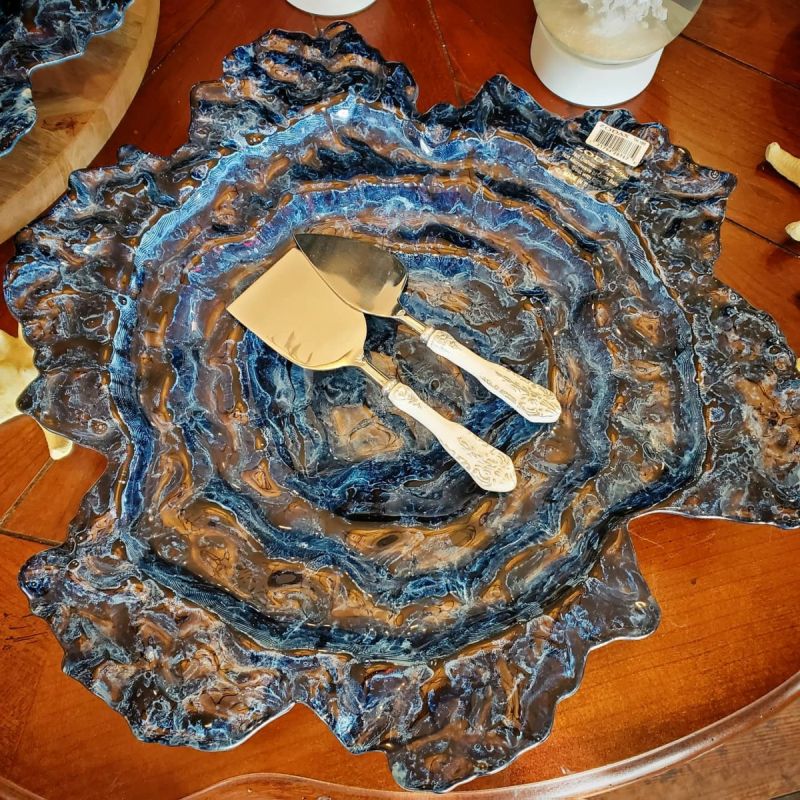 Oyster Rock Blue Marble Glass Plate by Zodax