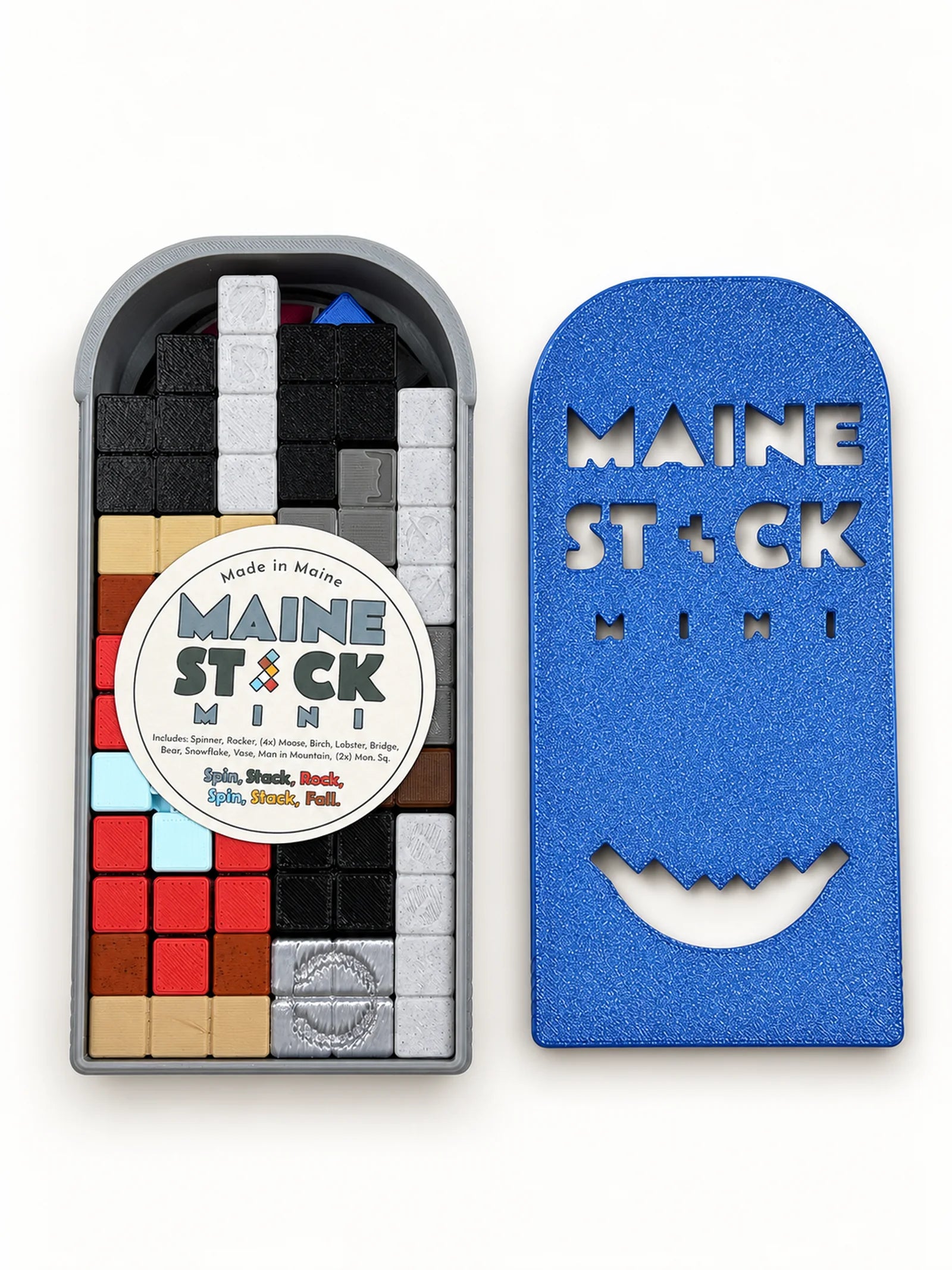 Maine Stack Mini open box showing the full packed game and card.